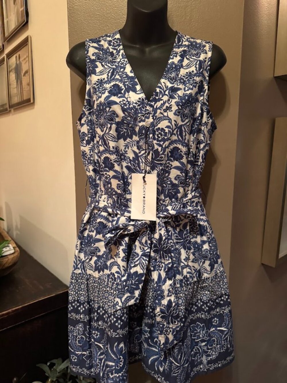 Lucky Brand Blue White Floral Sleeveless Tie Waist Mini Dress Women's Medium NWT